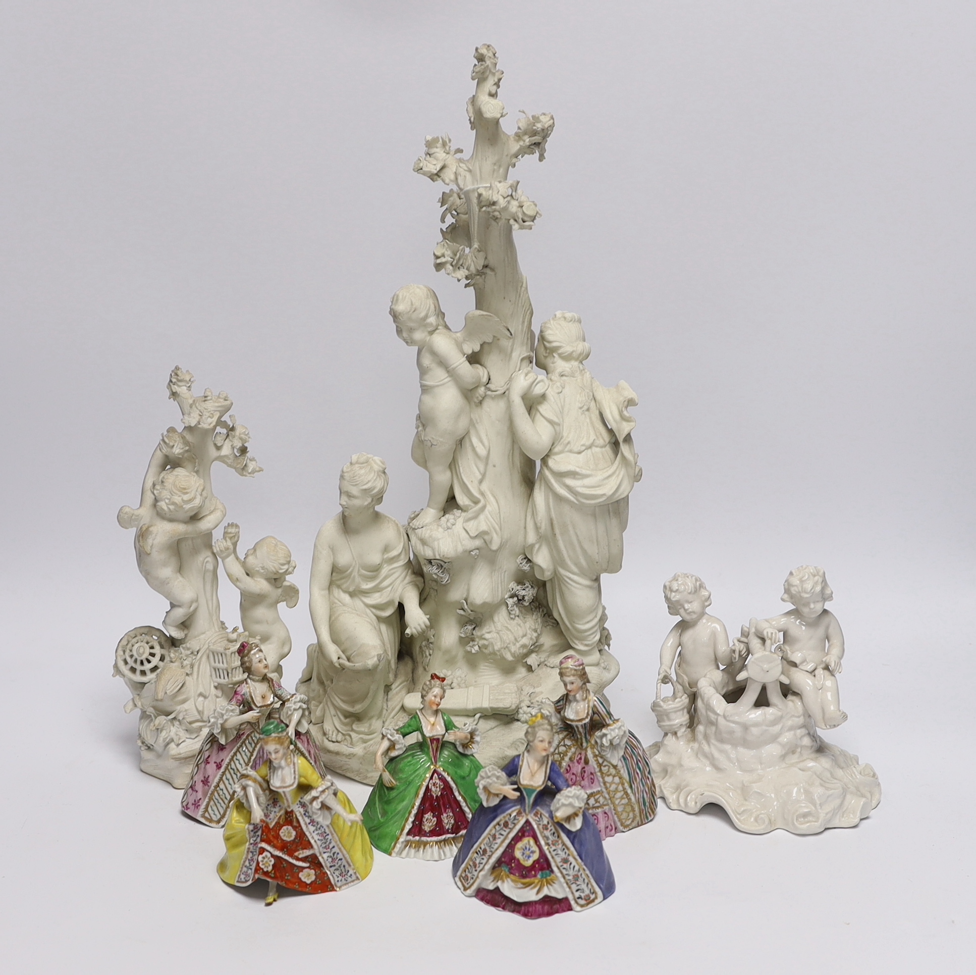 Two late 18th century biscuit figural centrepieces, six figurines and another, tallest 40cm